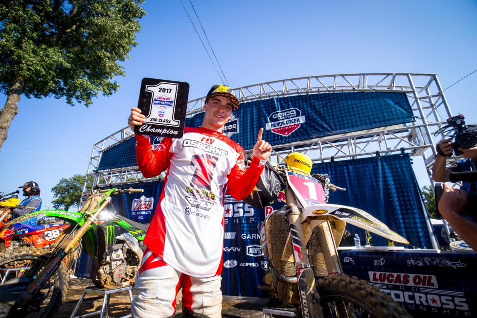 Osborne is the 2017 Lucas Oil Pro Motocross 250 Class Champion, clinching the Gary Jones Cup at Budds Creek.